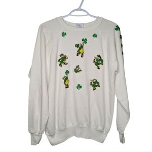 Vintage White Crew Neck Leprechaun St Patty's Day Decor Large Women Unisex